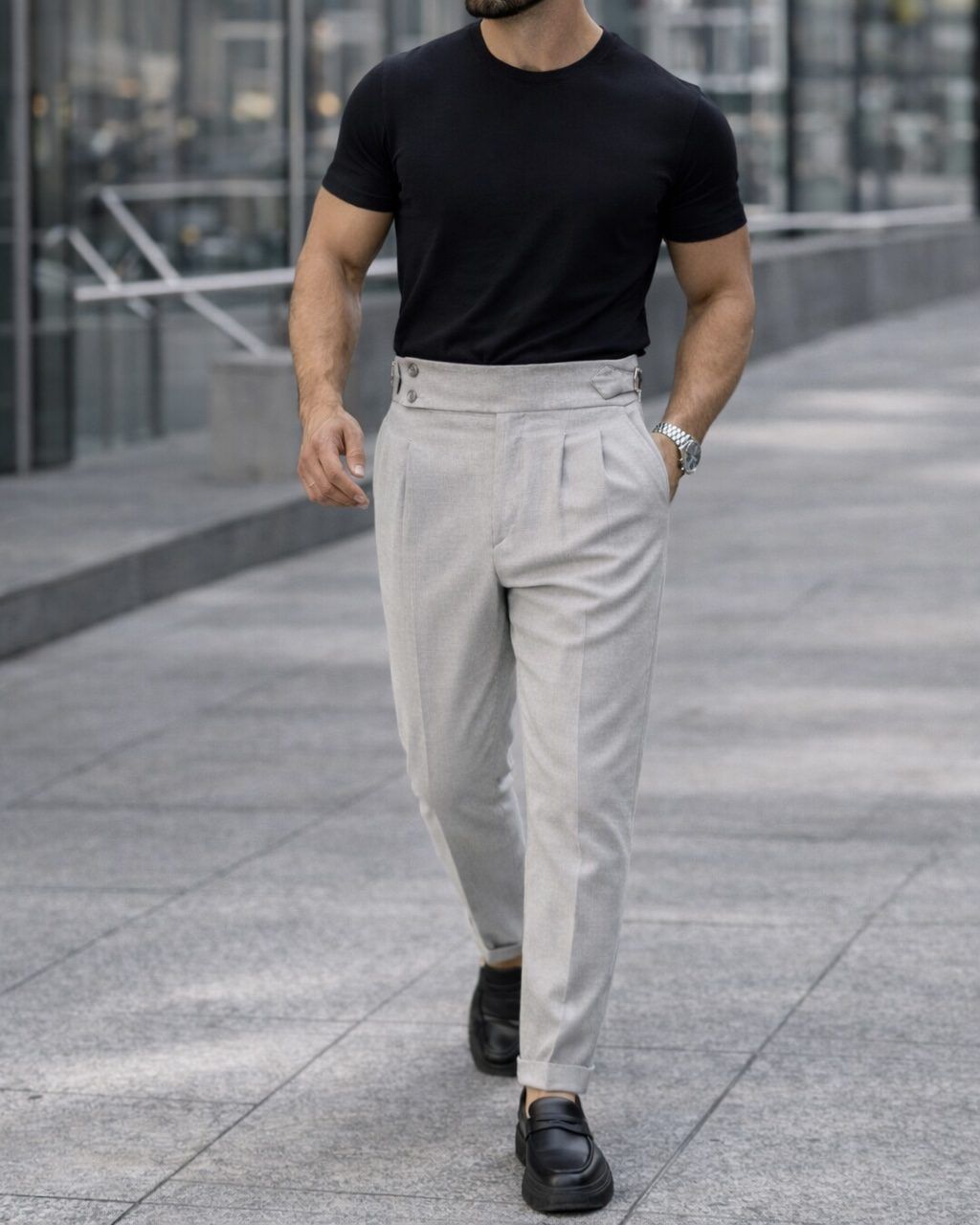 Double Pleat Side Adjuster Trousers – Light Grey gallery.thumbnail 2