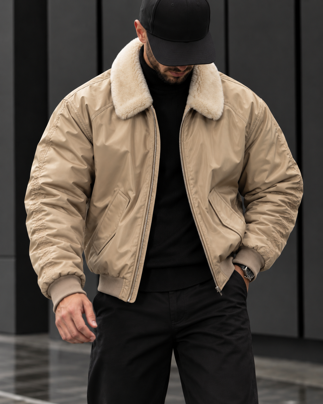 Beige Fur Collar Bomber Jacket 2
