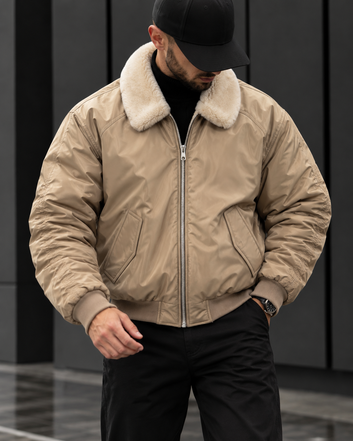 Beige Fur Collar Bomber Jacket gallery.thumbnail 1