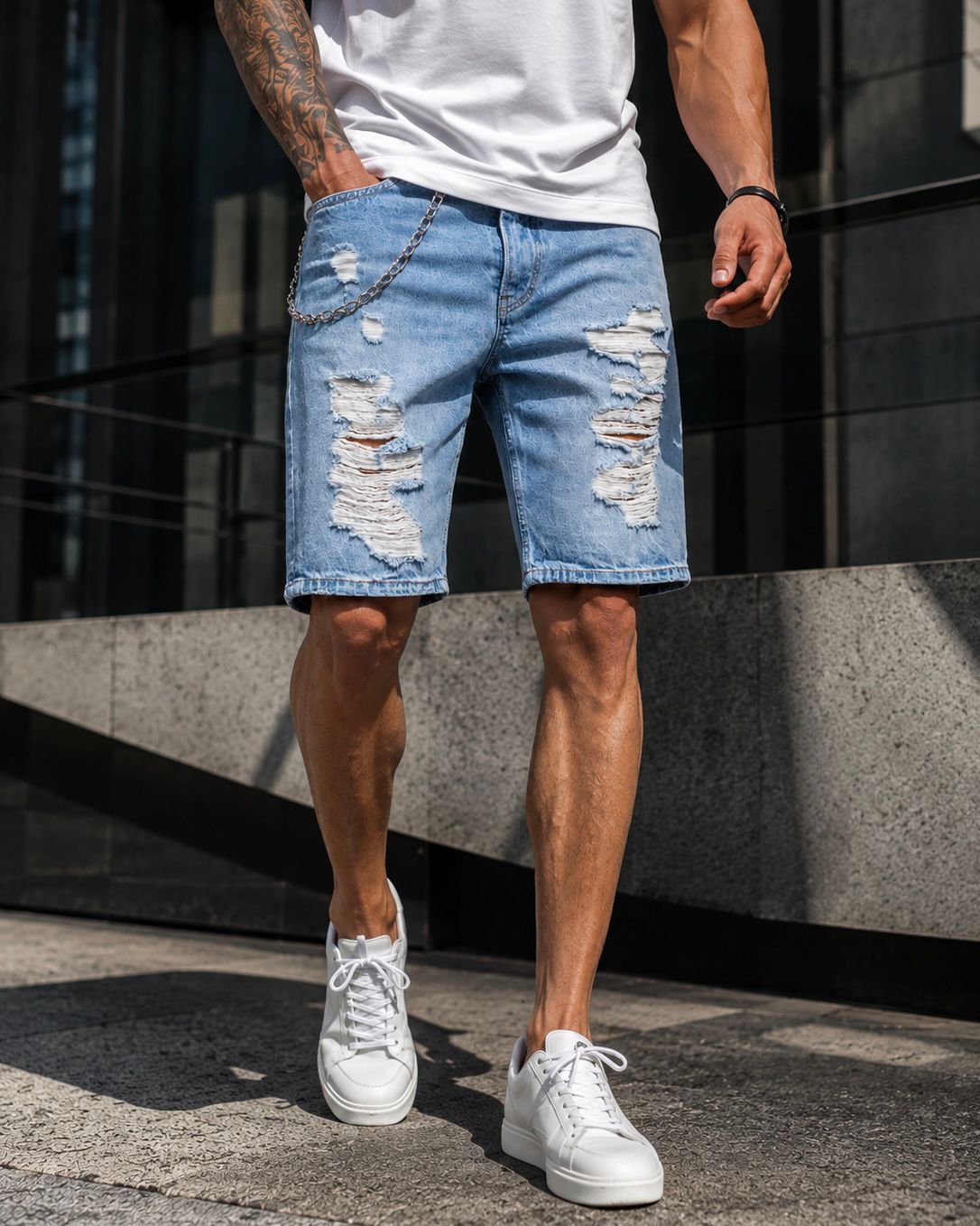 Distressed Chain Denim Shorts – Light Blue gallery.thumbnail 2