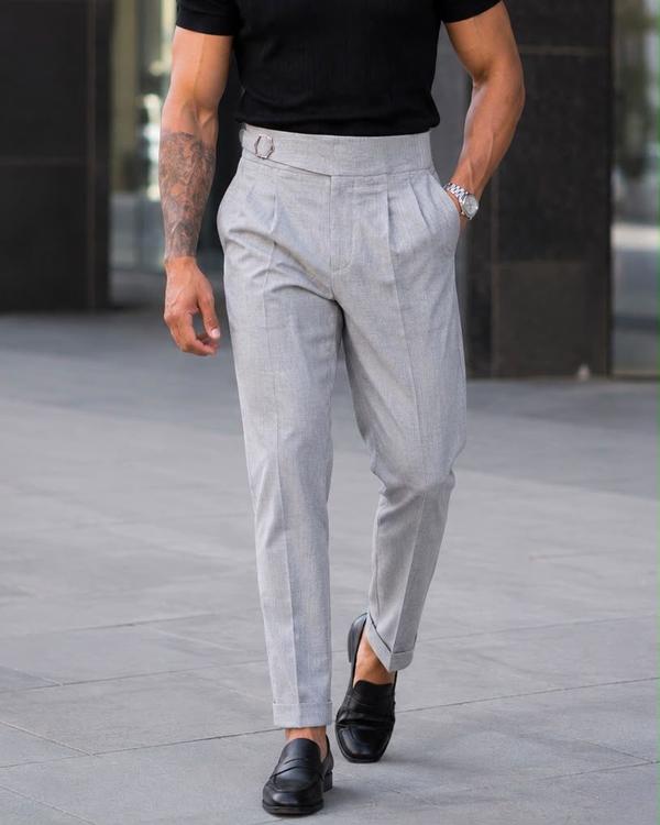 Double Pleat Side Adjuster Trousers – Light Grey