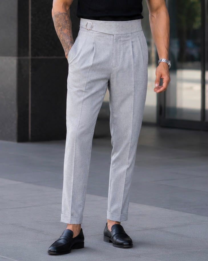 Double Pleat Side Adjuster Trousers – Light Grey gallery.thumbnail 2