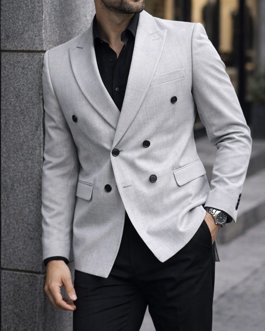 Ivory Grey Double-Breasted Blazer gallery.thumbnail 2