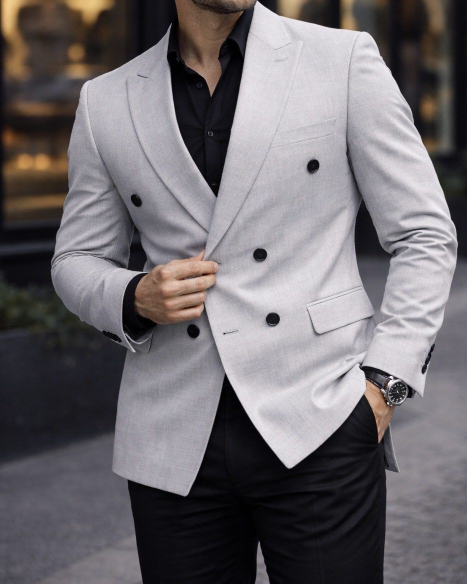 Ivory Grey Double-Breasted Blazer gallery.thumbnail 3