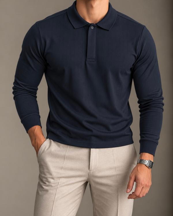 Navy Blue Ribbed Long Sleeve Polo