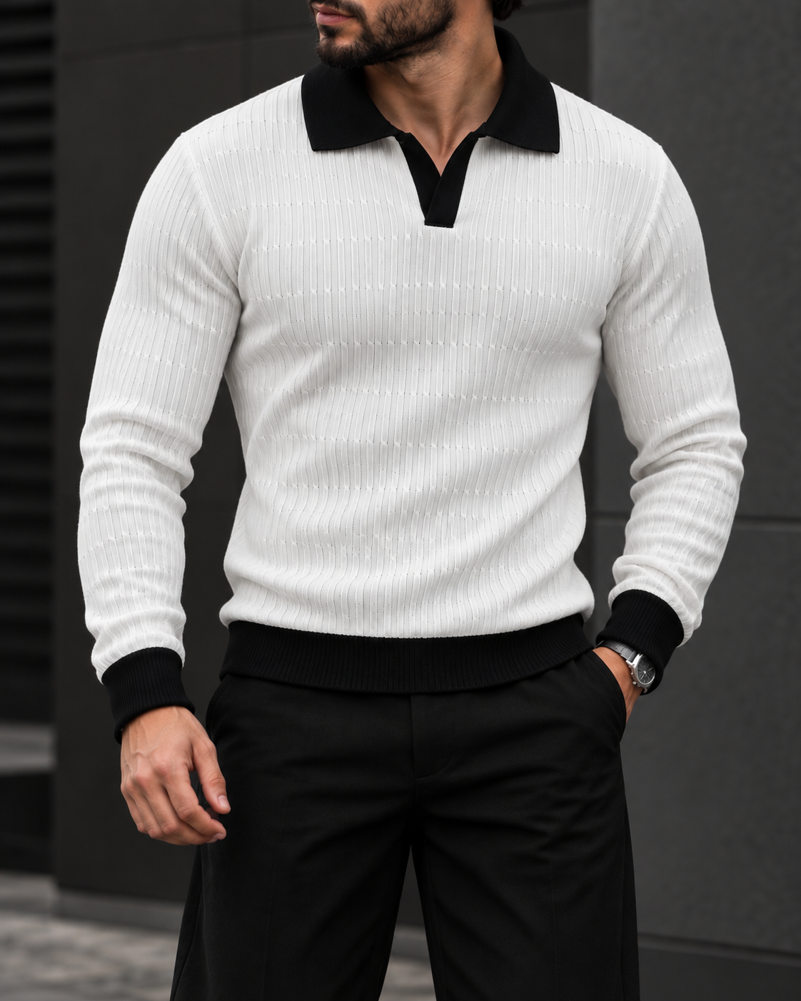 White Contrast Collar Knit Polo 1