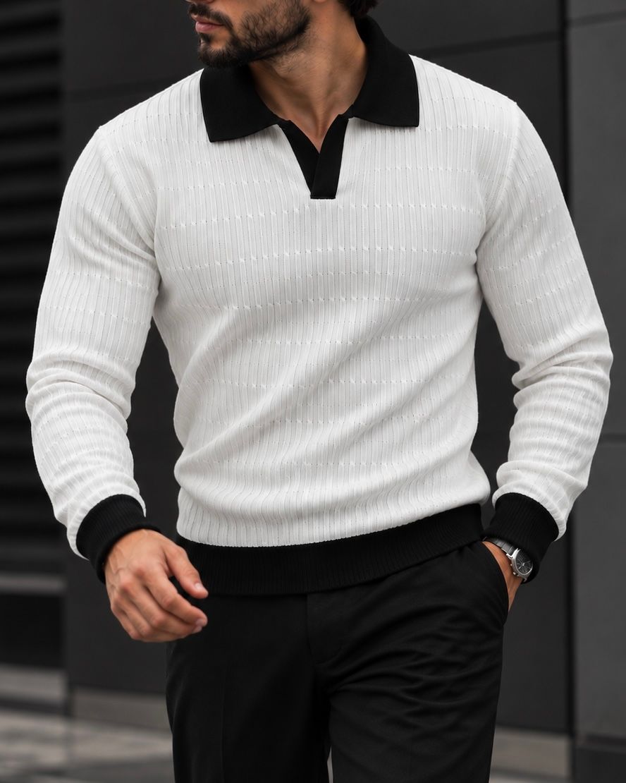 White Contrast Collar Knit Polo 2