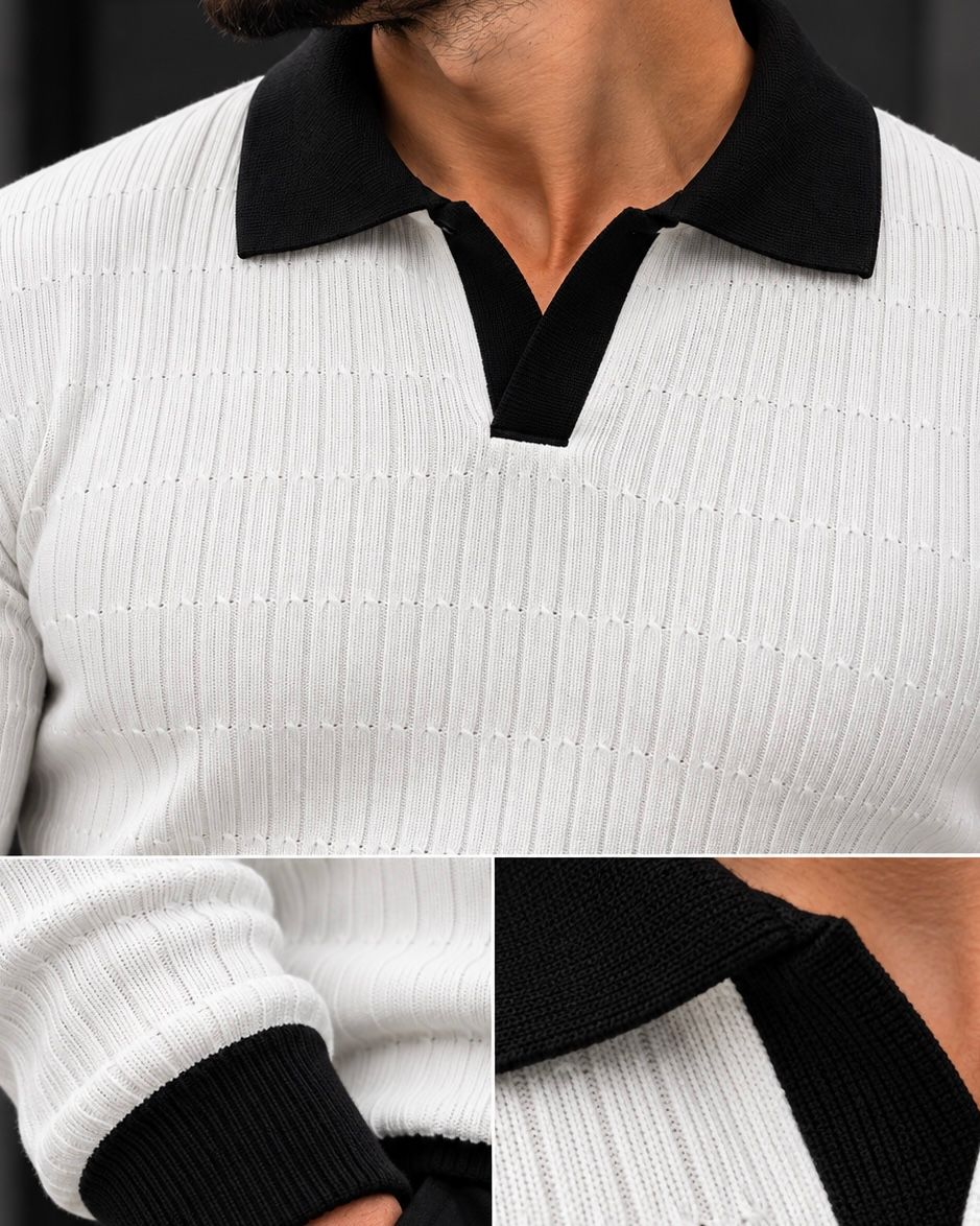 White Contrast Collar Knit Polo gallery.thumbnail 3