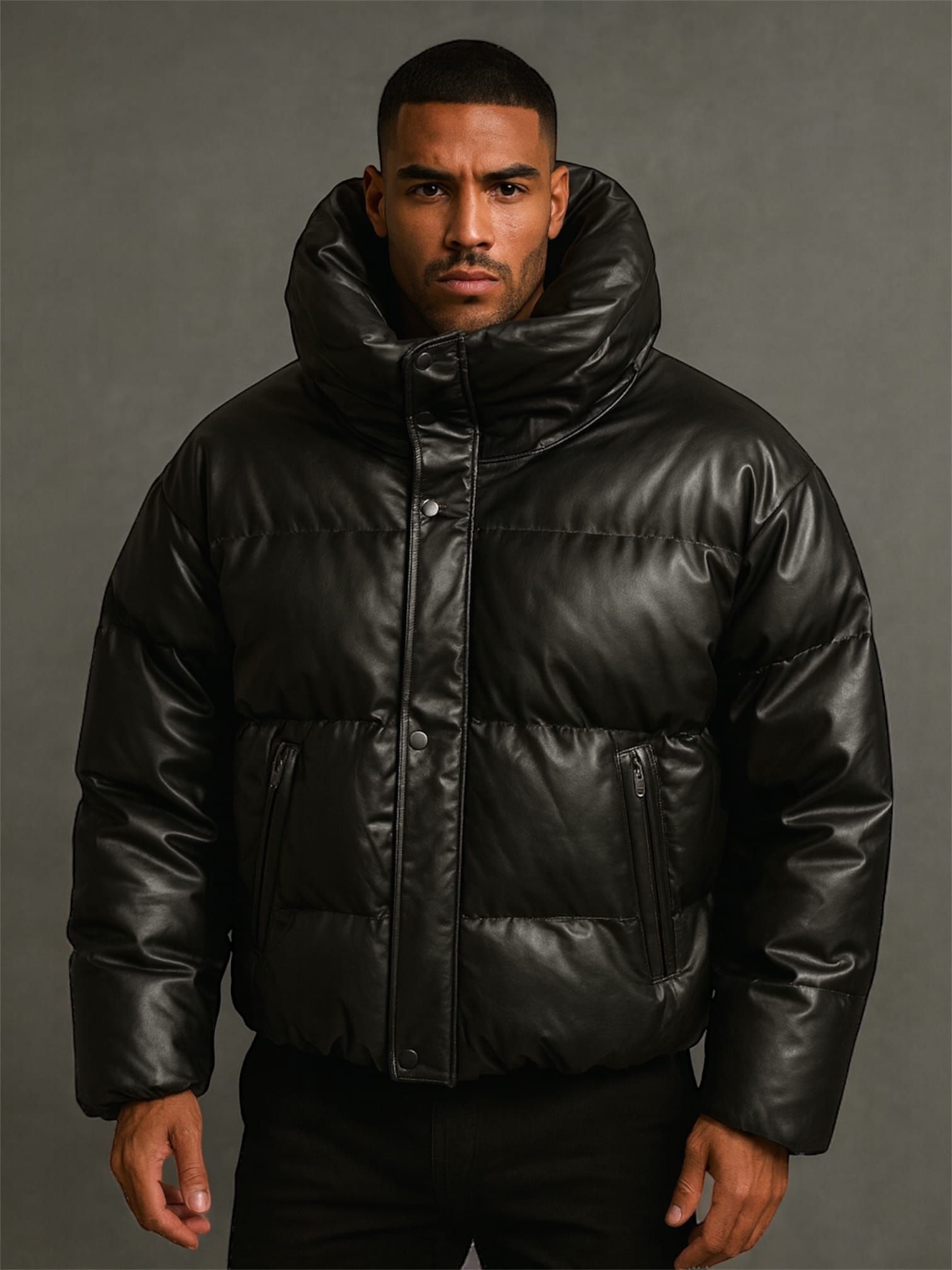 Black Leather Puffer Jacket gallery.thumbnail 1