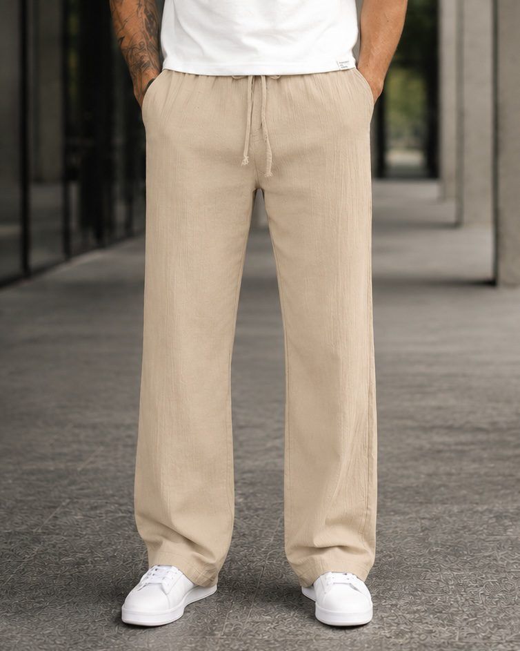 Linen Drawstring Trousers - Beige gallery.thumbnail 1
