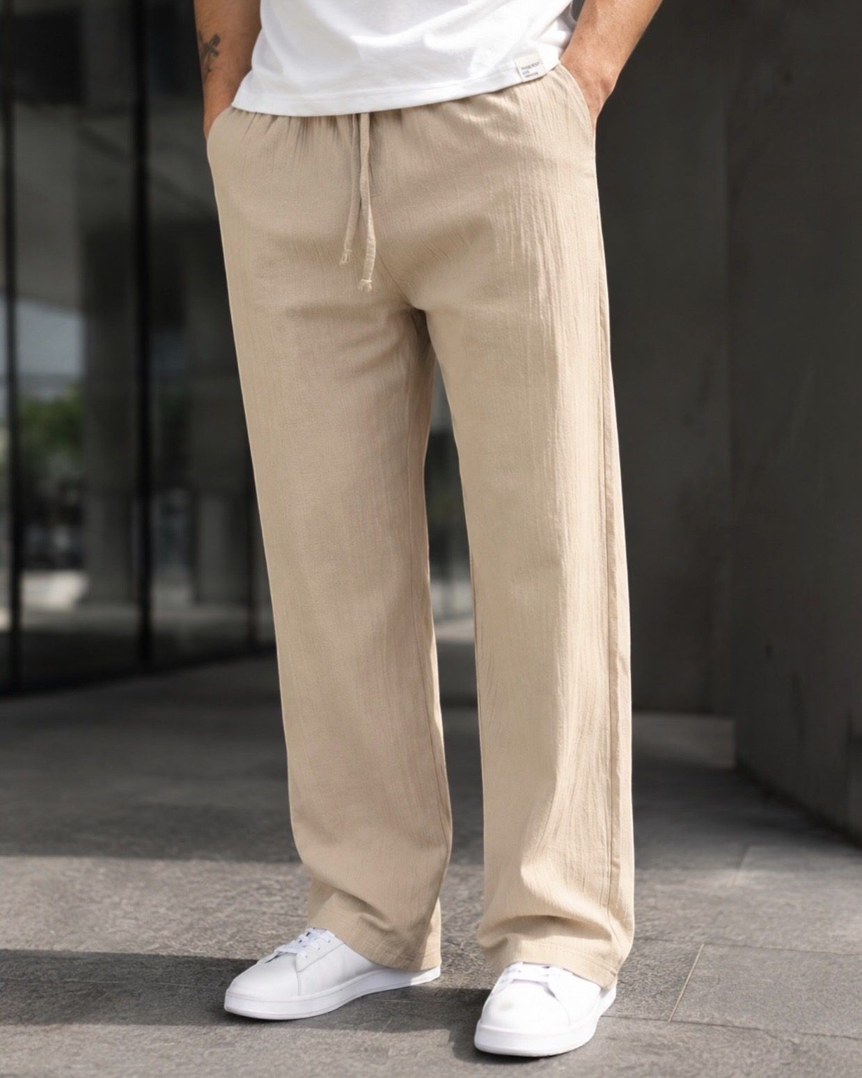 Linen Drawstring Trousers - Beige gallery.thumbnail 3