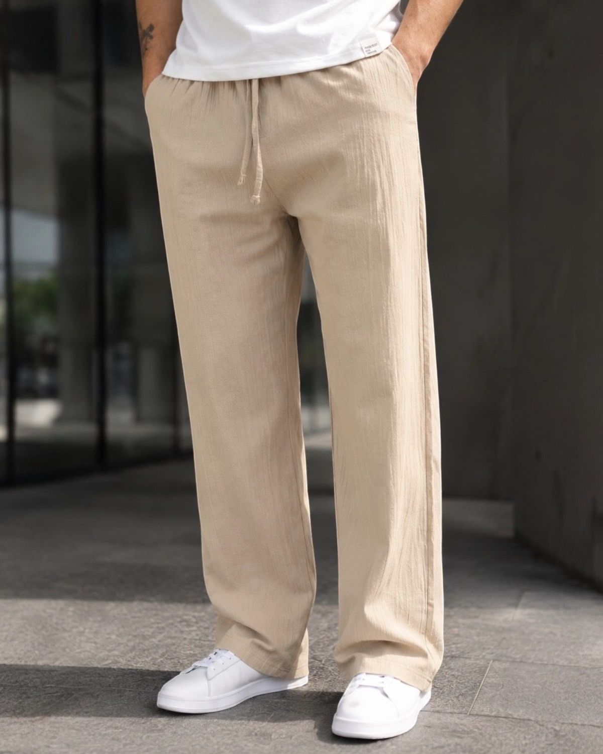 Linen Drawstring Trousers - Beige 3