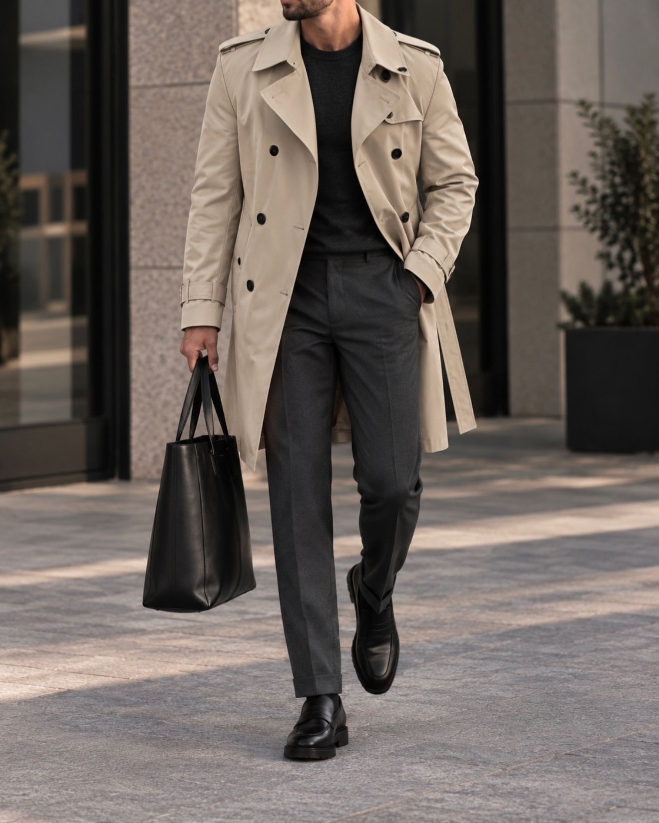 Beige Double-Breasted Leather Trench Coat gallery.thumbnail 2