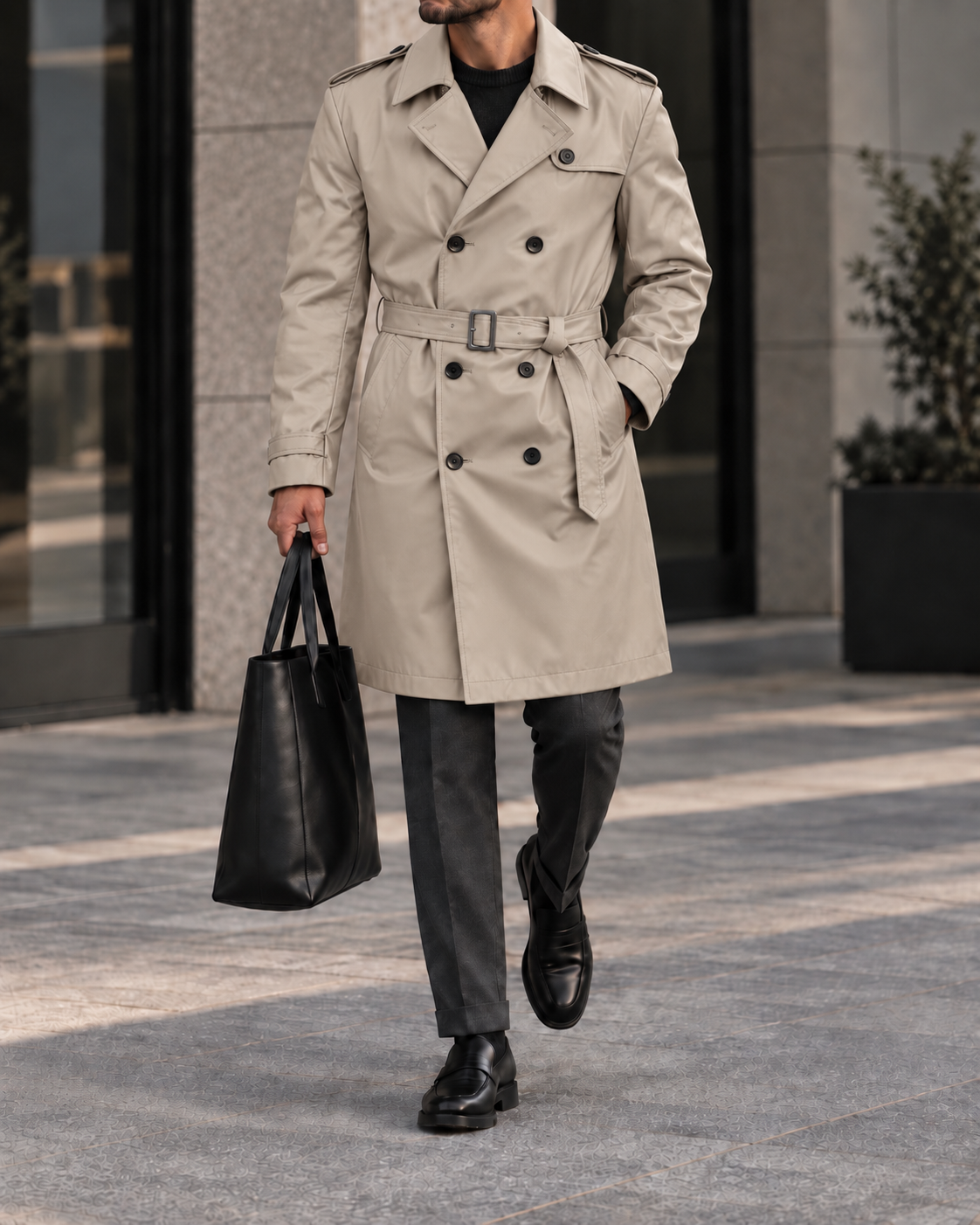 Beige Double-Breasted Leather Trench Coat 1