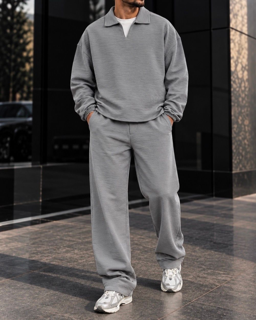 Grey Textured Open-Collar Set gallery.thumbnail 2