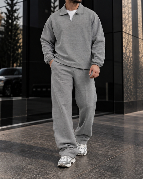 Grey Textured Open-Collar Set