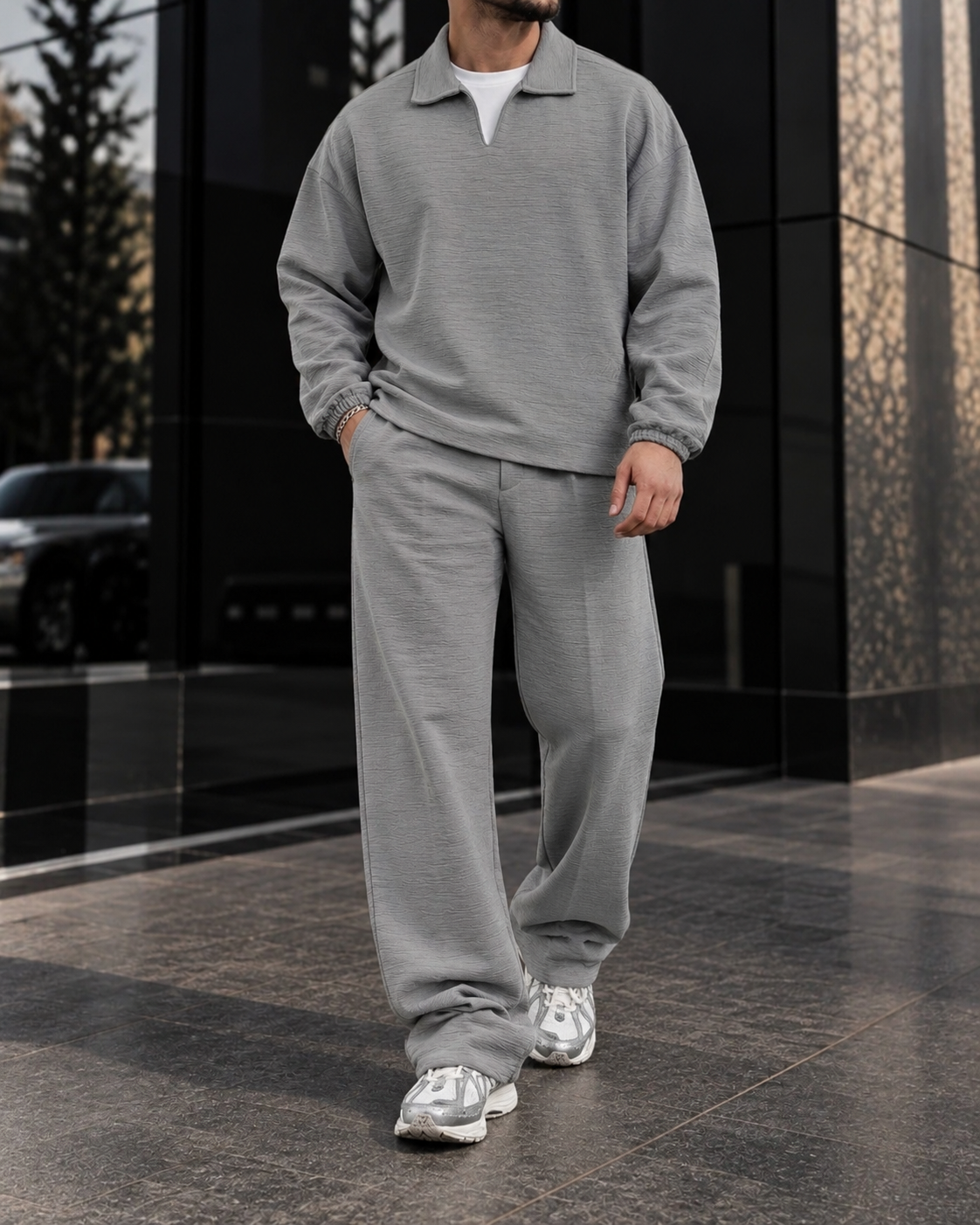 Grey Textured Open-Collar Set 1