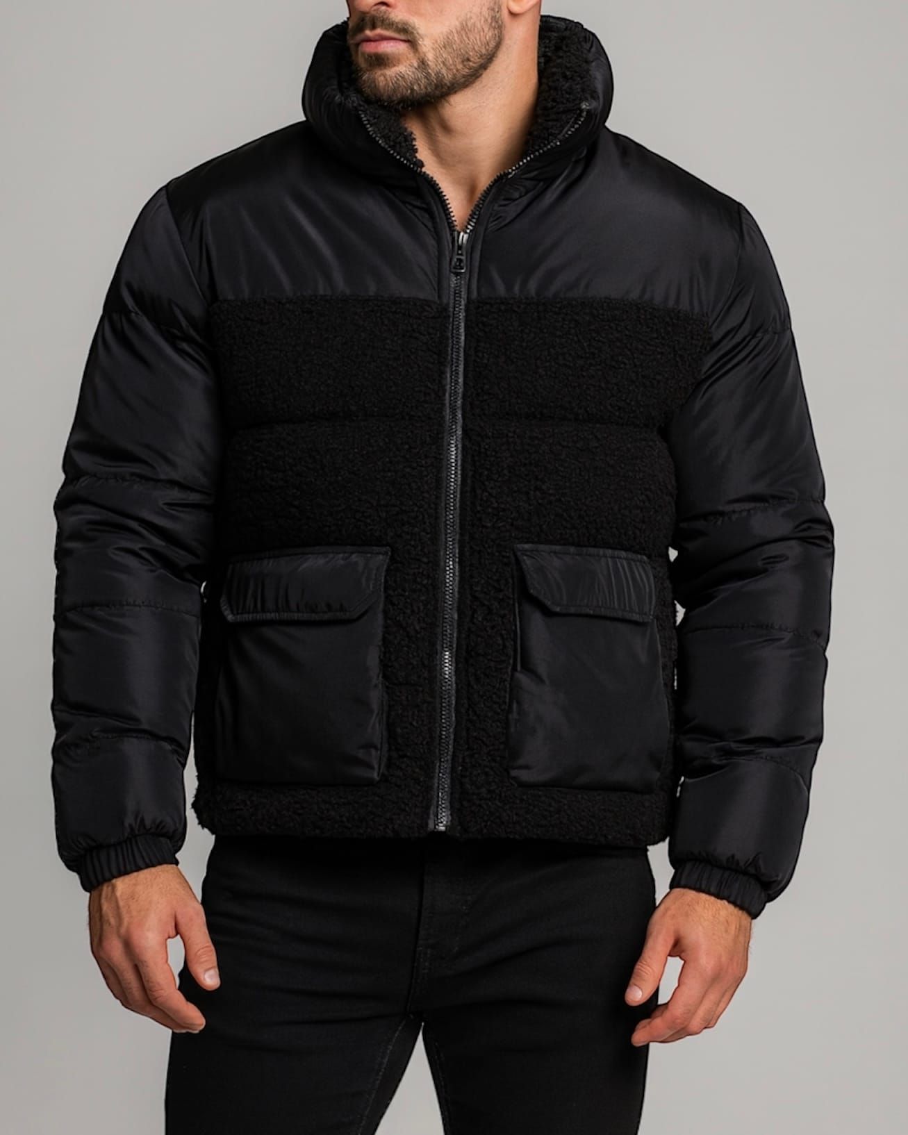 Black Sherpa Puffer Jacket with Pockets gallery.thumbnail 1