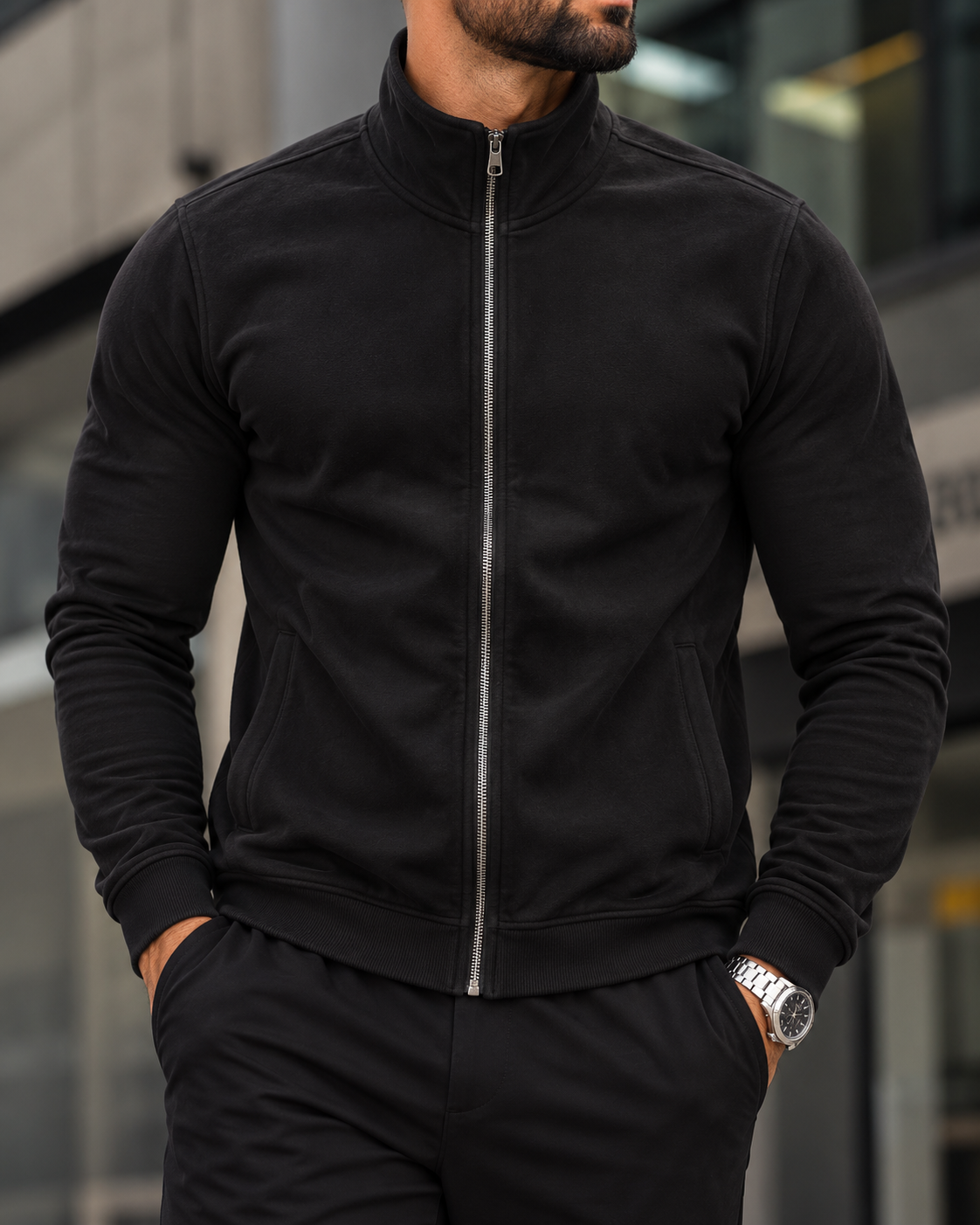 Black Stand Collar Zip Sweatshirt gallery.thumbnail 2