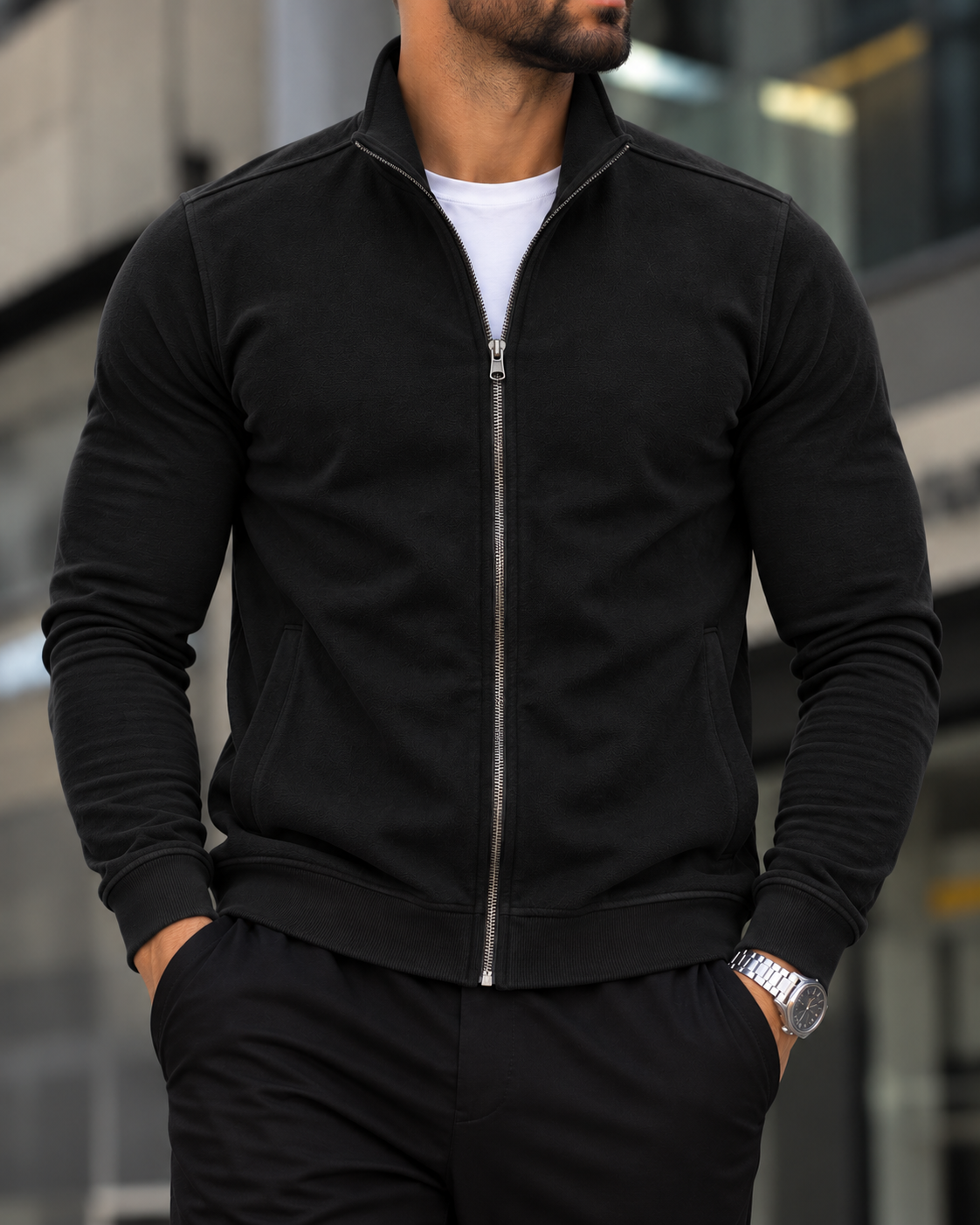 Black Stand Collar Zip Sweatshirt 1