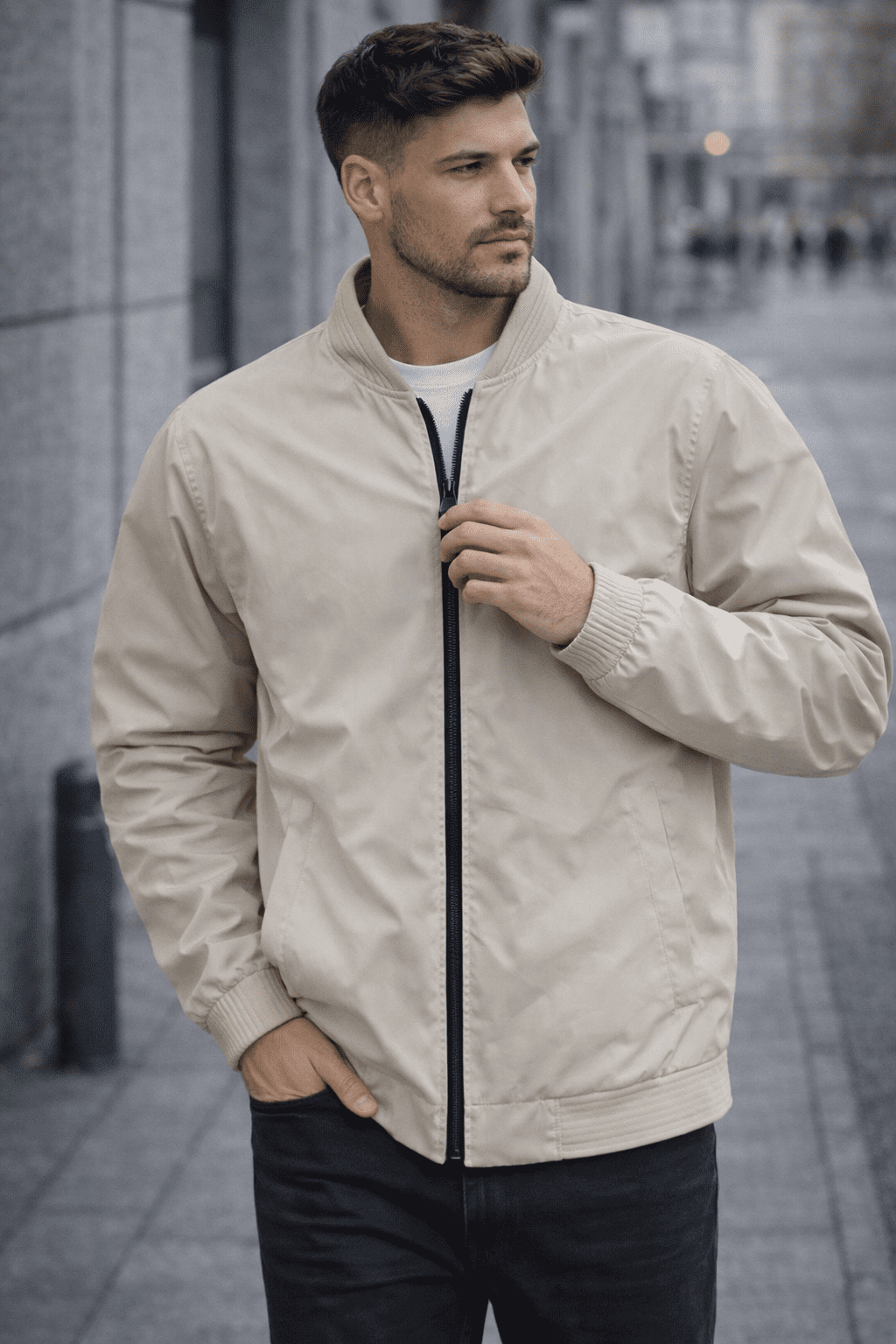 Beige Minimal Zip Bomber Jacket gallery.thumbnail 1