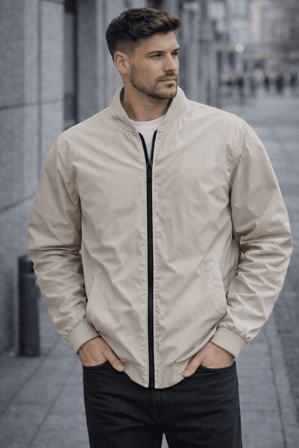 Beige Minimal Zip Bomber Jacket gallery.thumbnail 2