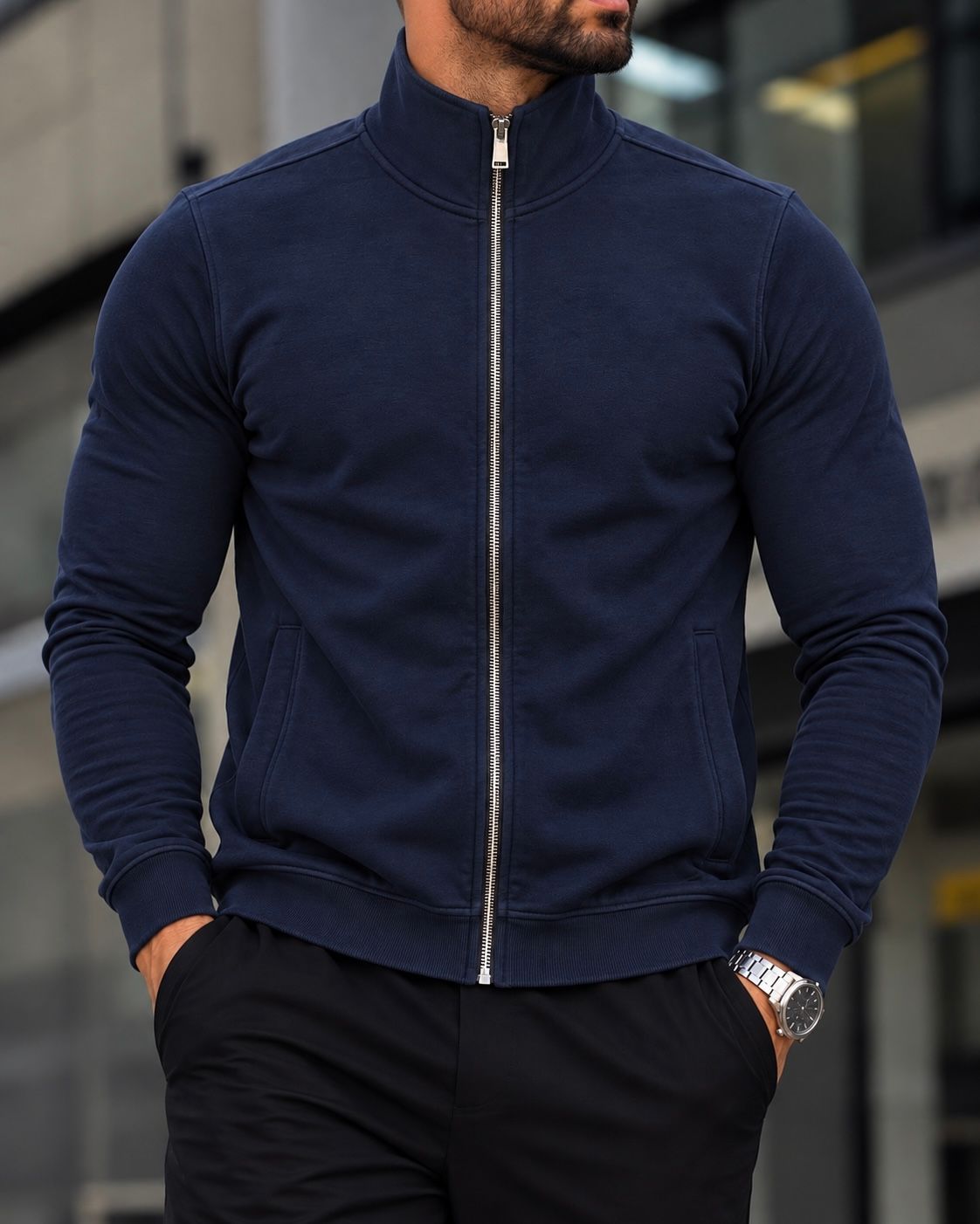 Navy Blue Stand Collar Zip Sweatshirt gallery.thumbnail 2