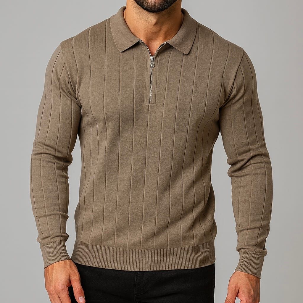 Taupe Ribbed Zip Polo Sweater gallery.thumbnail 1
