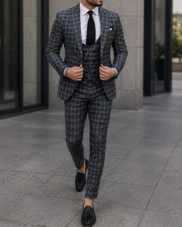 Grey Textured Three Piece Suit