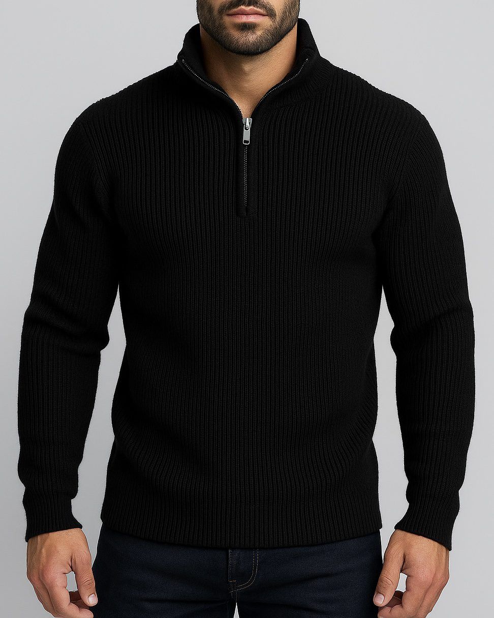 HALF-ZIP RIBBED KNIT SWEATER – BLACK gallery.thumbnail 1