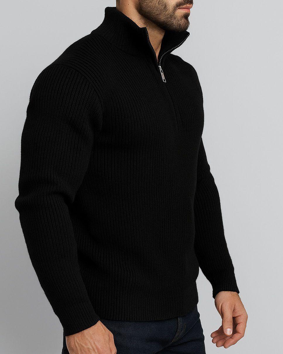 HALF-ZIP RIBBED KNIT SWEATER – BLACK gallery.thumbnail 2