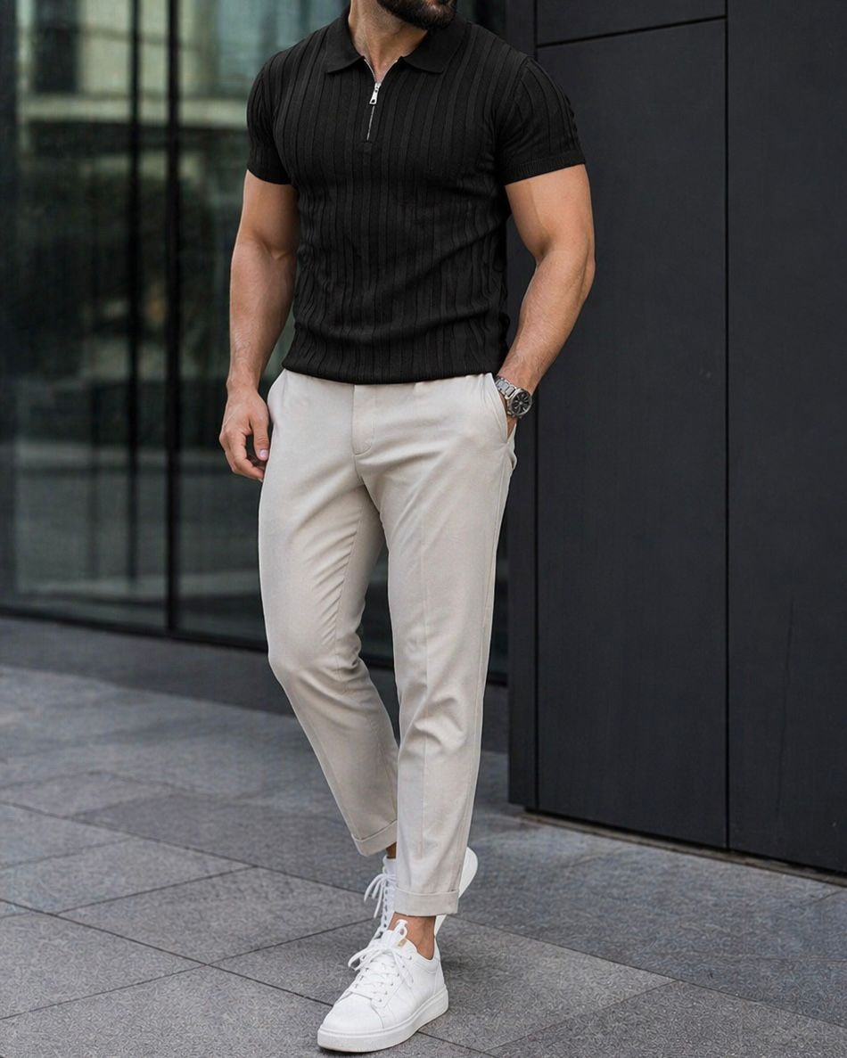 Textured Zip Polo Knit – Black gallery.thumbnail 2