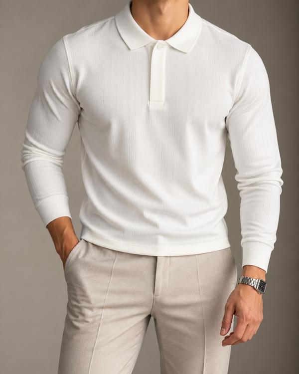 White Ribbed Long Sleeve Polo