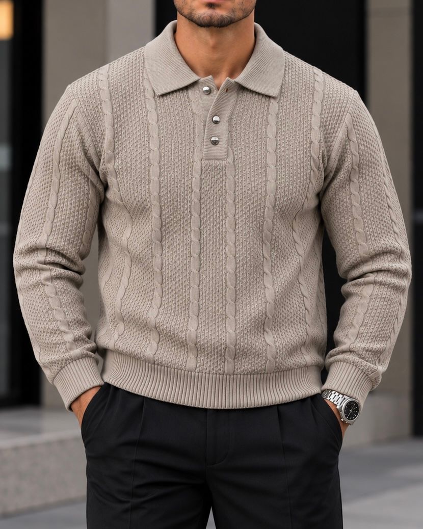 Beige Patterned Knit Polo gallery.thumbnail 1