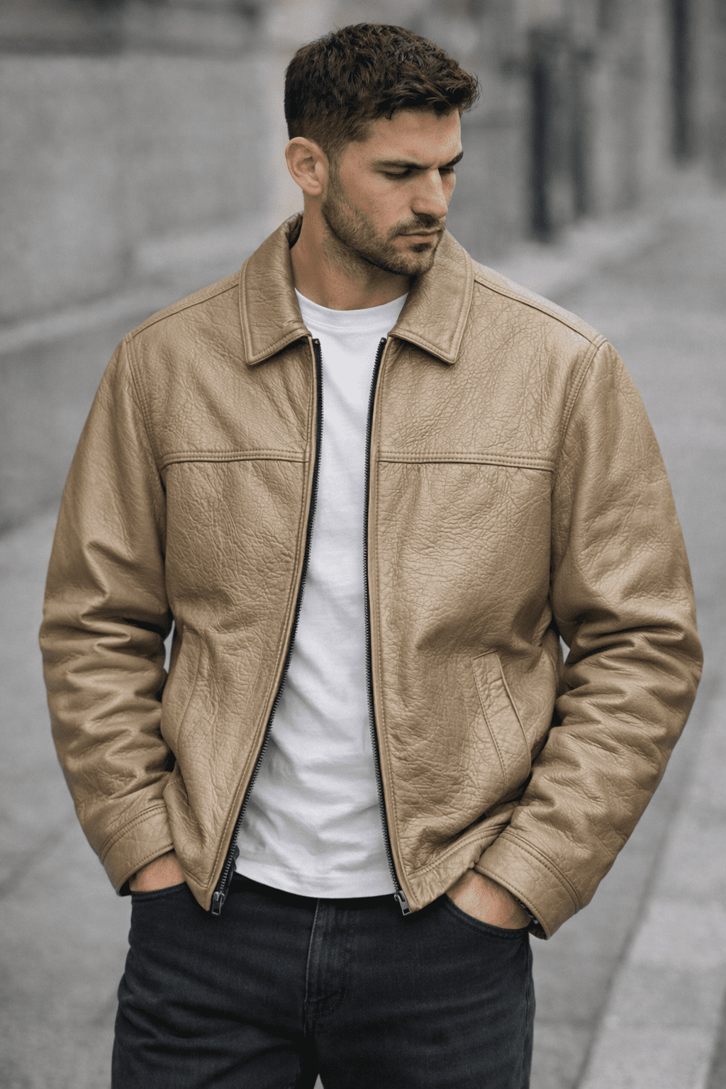 Urban Essential Faux Leather Jacket – Beige gallery.thumbnail 3