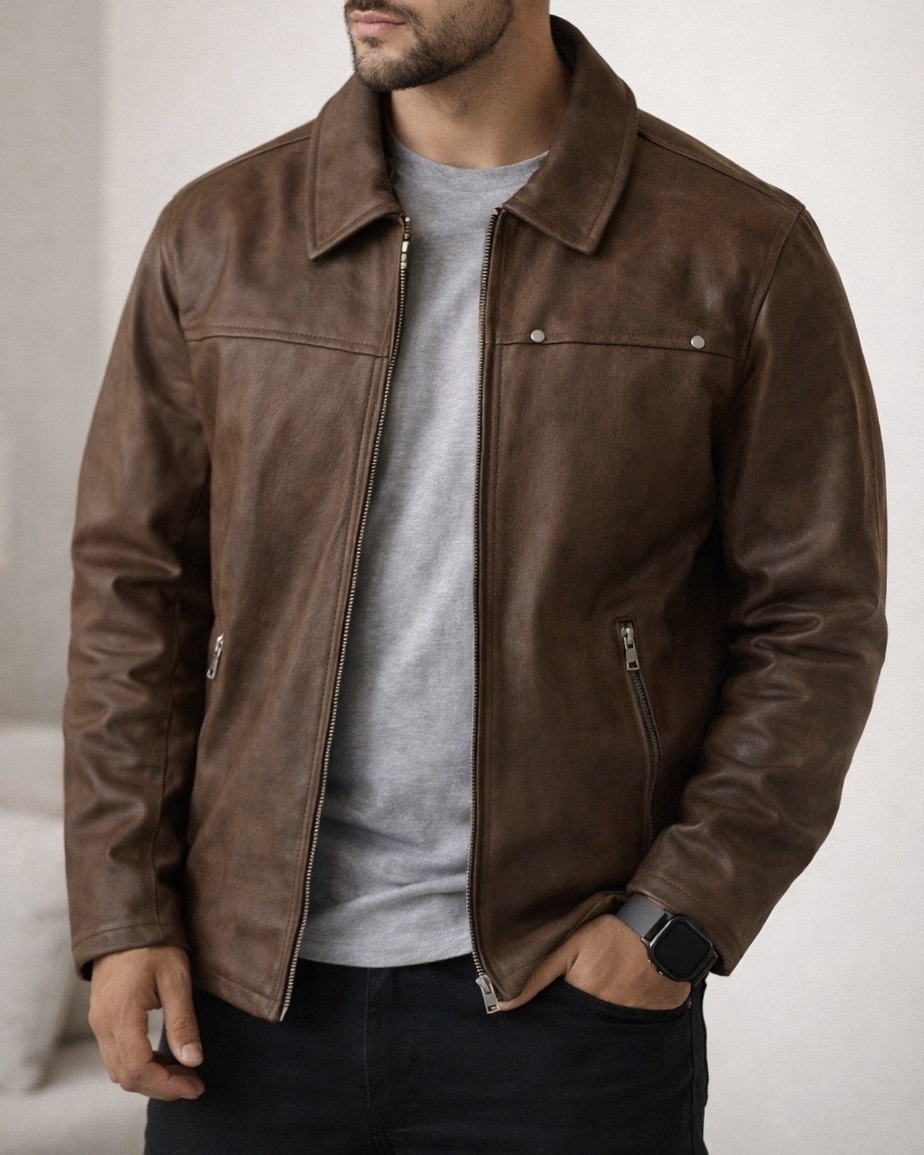Brown Zip Jacket with Classic Collar gallery.thumbnail 2