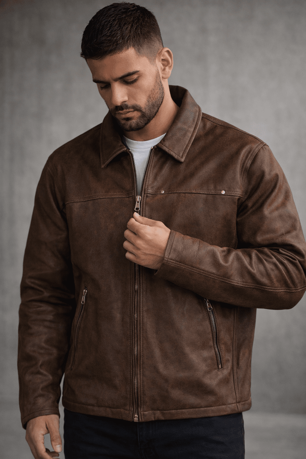 Brown Zip Jacket with Classic Collar gallery.thumbnail 3