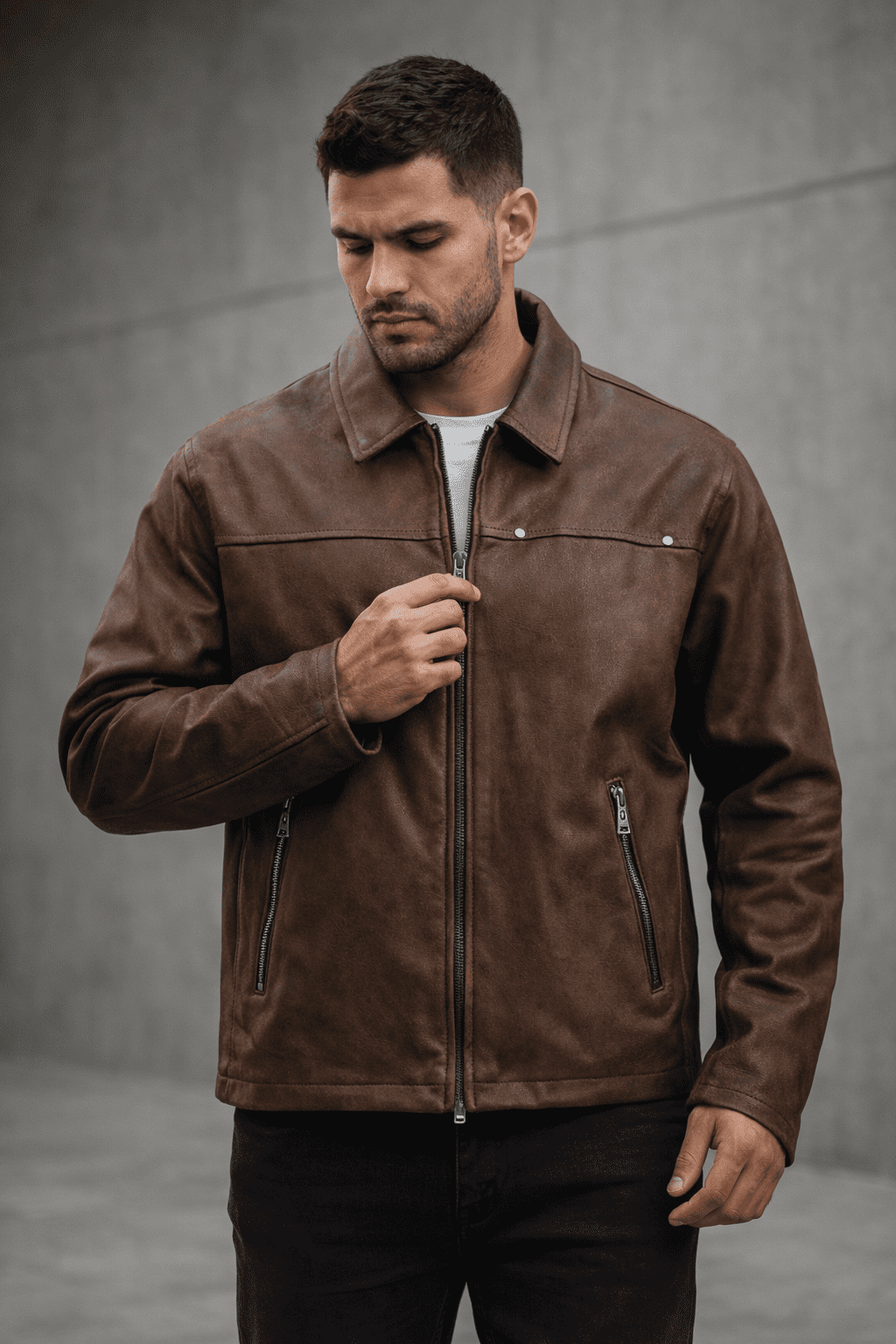 Brown Zip Jacket with Classic Collar gallery.thumbnail 4