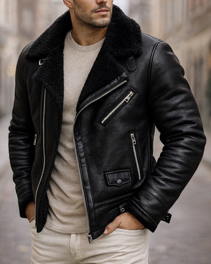 PREMIUM SHEARLING-LINED LEATHER BIKER JACKET – BLACK gallery.thumbnail 1