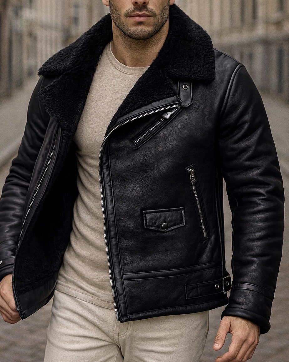 PREMIUM SHEARLING-LINED LEATHER BIKER JACKET – BLACK gallery.thumbnail 2