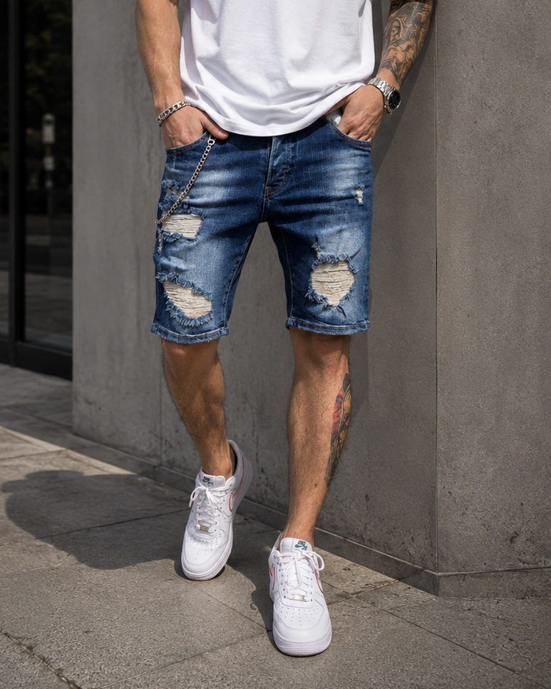 Distressed Chain Denim Shorts gallery.thumbnail 2