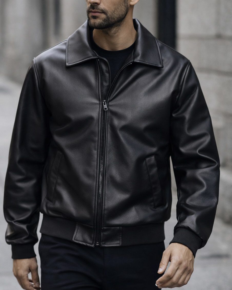 Leather-Look Bomber Jacket – Deep Black gallery.thumbnail 1