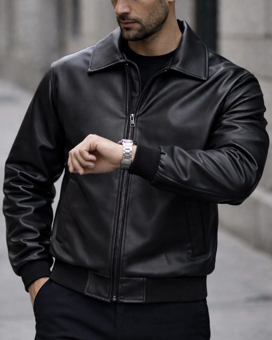 Leather-Look Bomber Jacket – Deep Black gallery.thumbnail 3