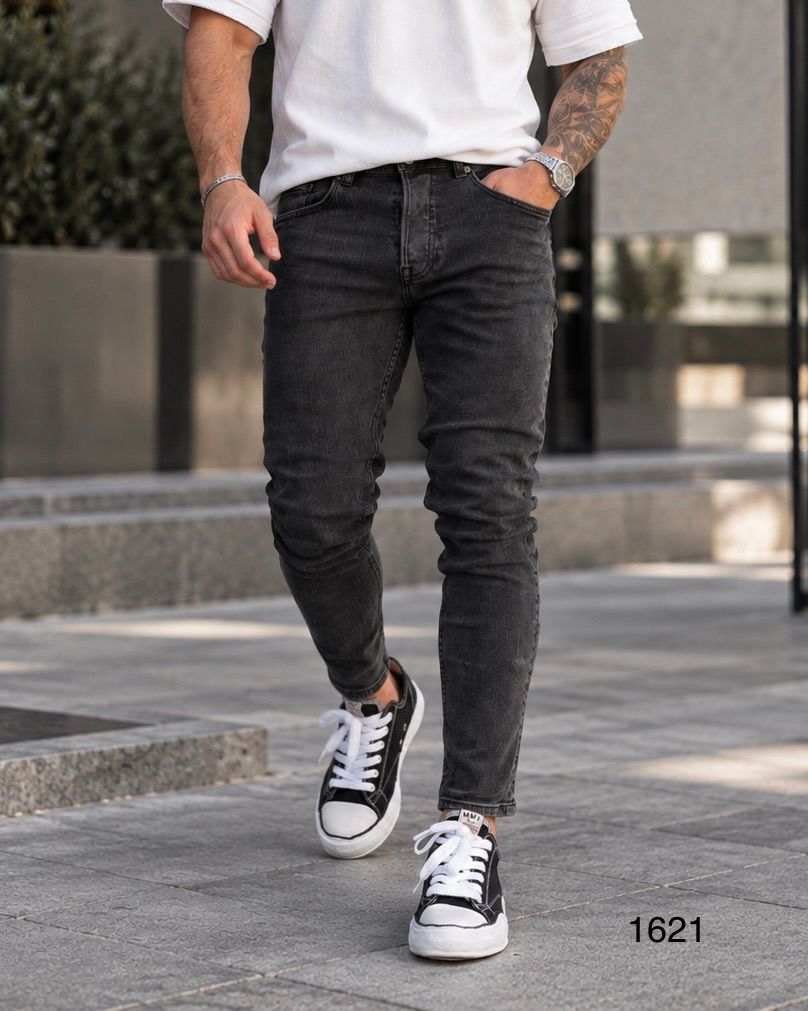 Dark Grey Washed Black Tapered Jeans 1
