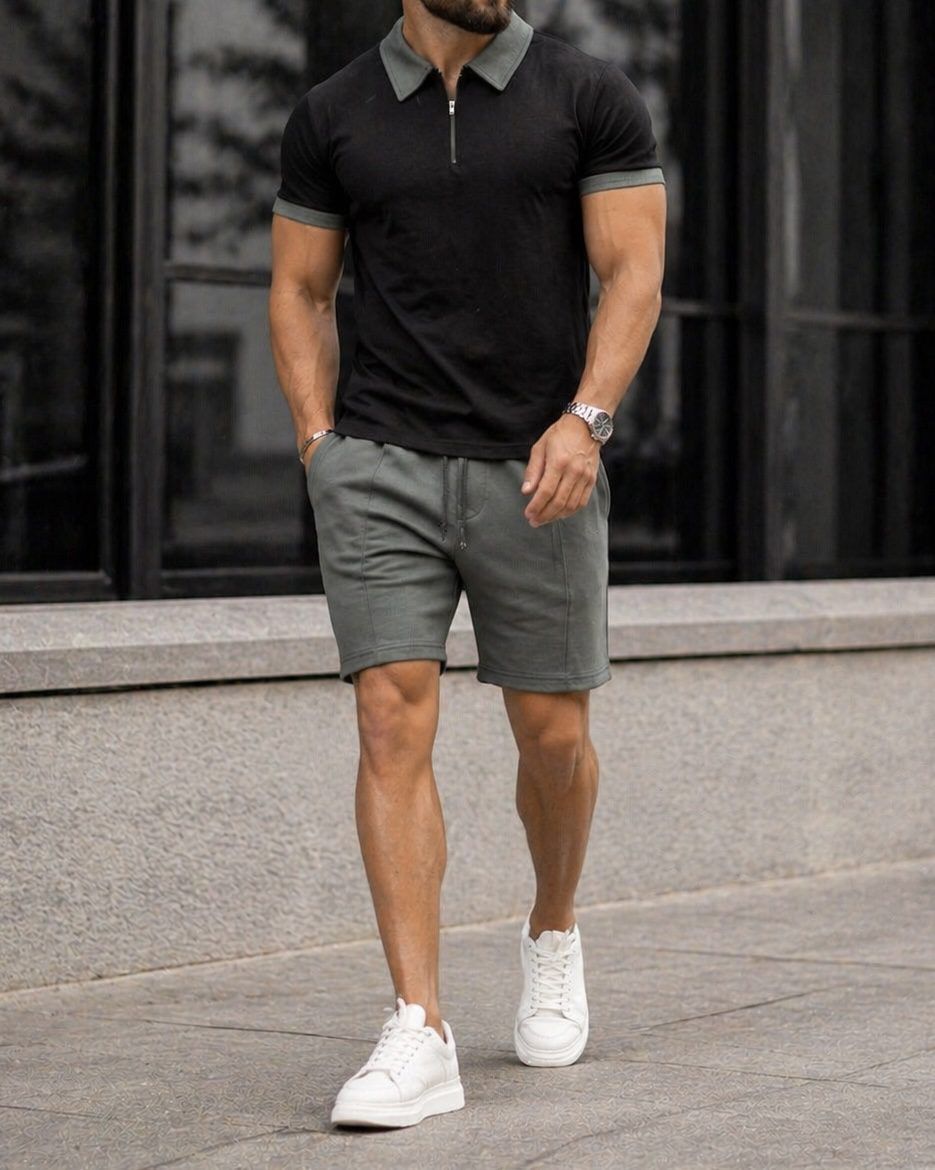 Polo Shirt and Shorts Set – Black/Olive gallery.thumbnail 1
