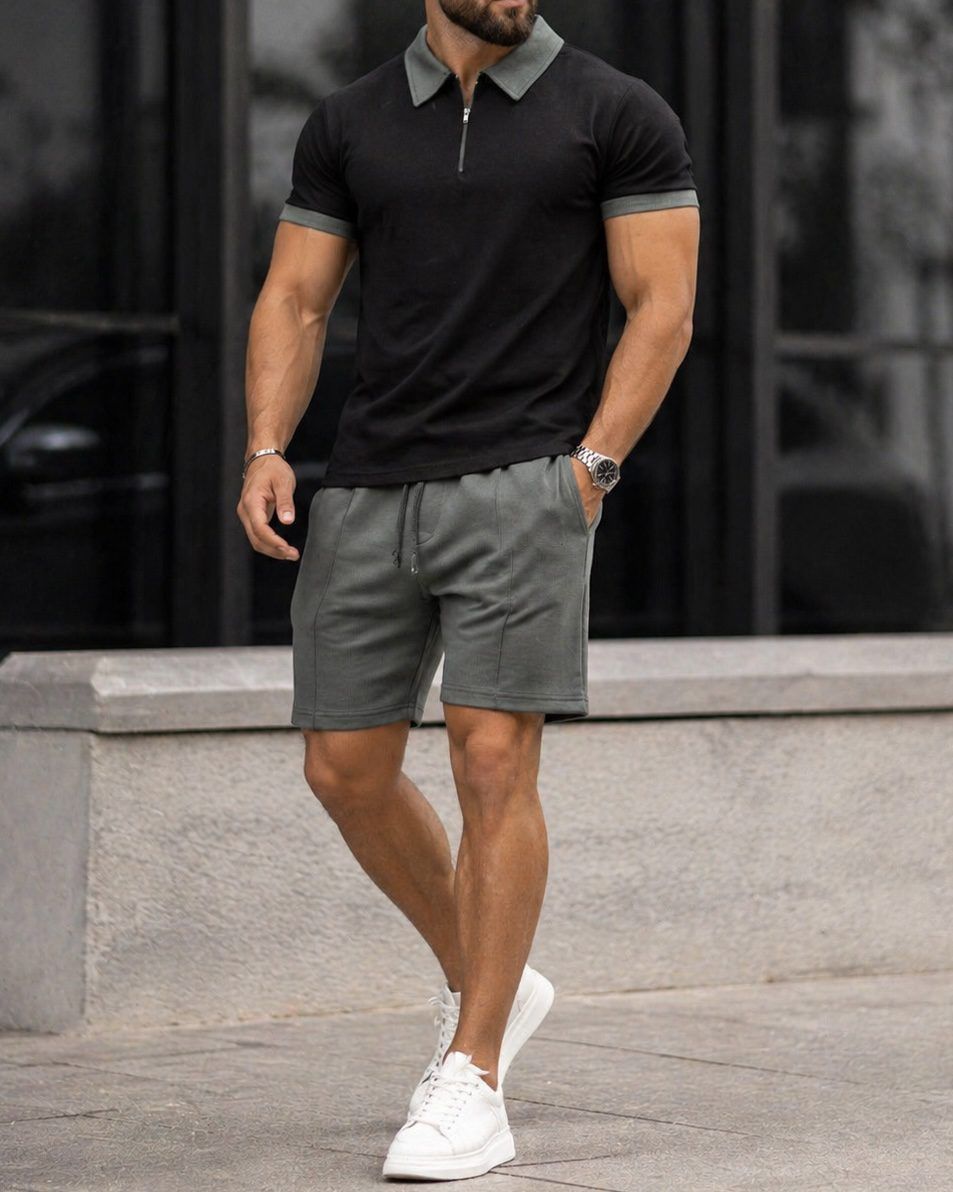 Polo Shirt and Shorts Set – Black/Olive gallery.thumbnail 2