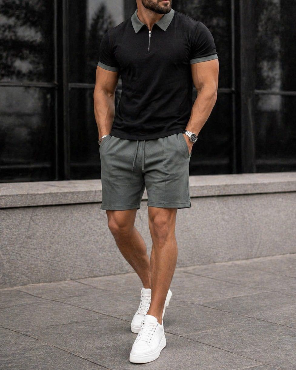 Polo Shirt and Shorts Set – Black/Olive gallery.thumbnail 3