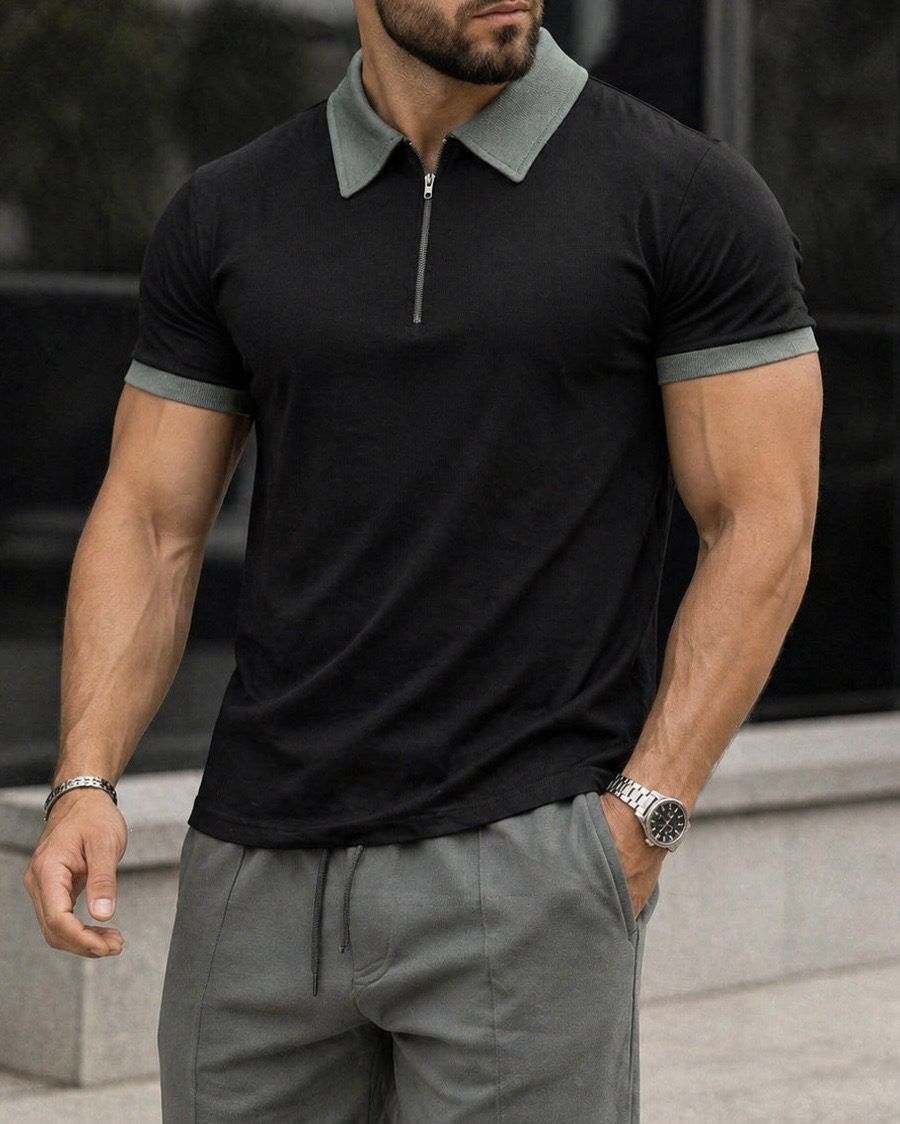 Polo Shirt and Shorts Set – Black/Olive gallery.thumbnail 4