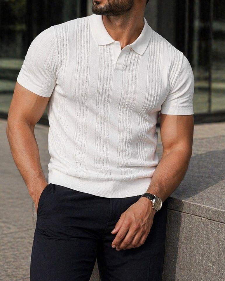 Textured Knit Polo – White gallery.thumbnail 2