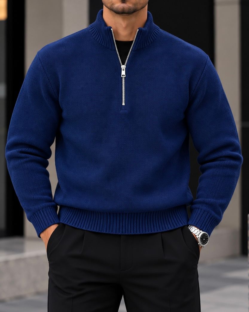 Navy Blue Ribbed Collar Half-Zip Knit 1